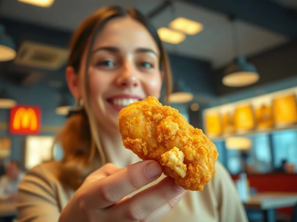 Złocisty, chrupiący nugget z kurczaka trzymany w dłoni na tle wnętrza restauracji McDonald's.