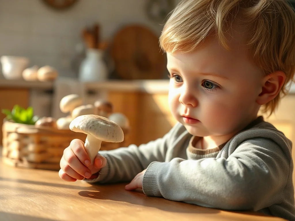 Małe dziecko siedzi przy kuchennym stole i z ciekawością trzyma w dłoni świeżą pieczarkę.