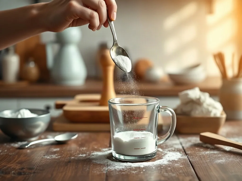 Dłonie wsypujące cukier puder srebrną łyżką do szklanej miarki na drewnianym stole kuchennym.
