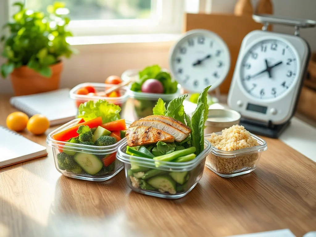 Pojemniki z gotowymi posiłkami: grillowanym kurczakiem, komosą ryżową i warzywami, przygotowane na diecie 1600 kcal.