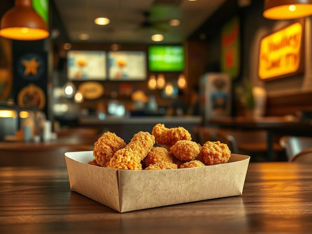 Otwarty zestaw Chicken Box z chrupiącymi kawałkami kurczaka na drewnianym stole w przytulnej restauracji.